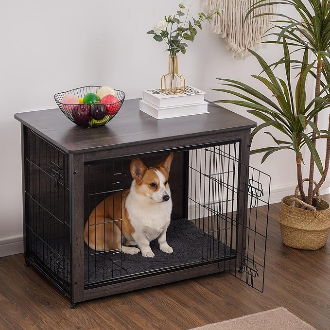 DWANTON Dog Crate Furniture with Cushion, Wooden Kennel Table with Double Doors, Indoor Dog House, Medium Size, 32.5" L, Dark Gray-PawvioPets