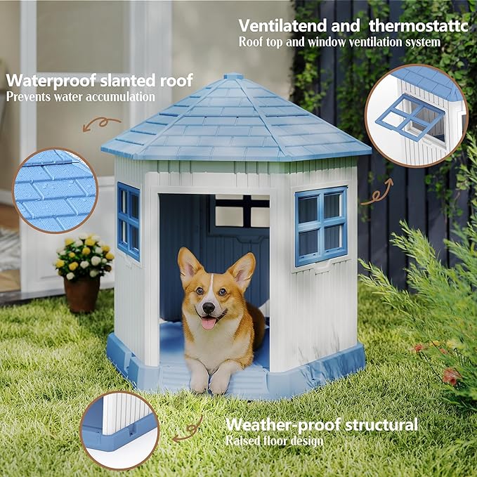 DRATO Dog House Indoor Outdoor Durable Large Dog Shelter with Outside Dog Kennel with Window and Elevated Floor for Small Medium Dogs (Blue, 34.8 * 30.51 * 36.89)-PawvioPets