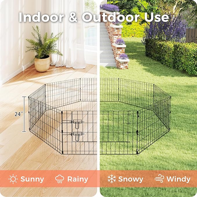 Foldable Dog Playpen 24" Height 8 Panels Metal Exercise Pen with Door - Indoor/Outdoor Puppy Playpen for Small Dogs, Portable Pet Fence for Yard Garden Camping, Black-PawvioPets