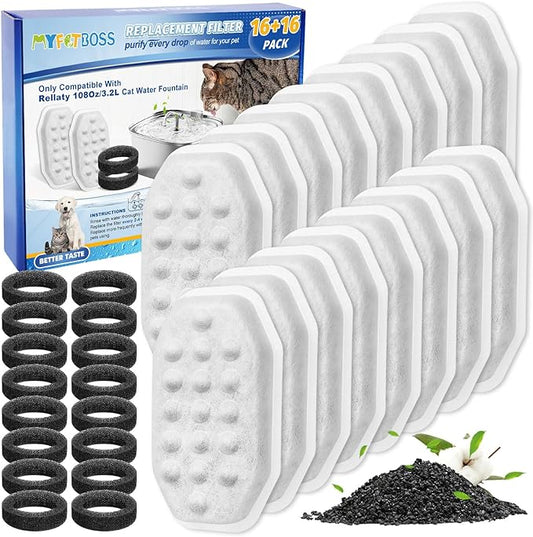 16+16 Pack Pet Water Fountain Filter Compatible with Rellaty & Fit for Neareal 108oz/3.2L Automatic Dog Water Dispenser, Cat Filters for Fountain Cat Bowl-PawvioPets