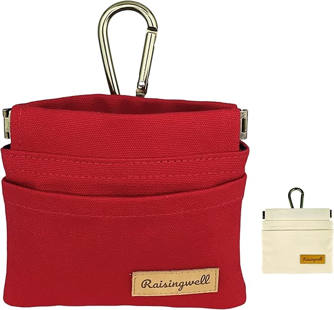 Dog Treat Pouch, Red Pocket Sized Pet Training Pouch, Cotton Fabric, Hand Free Dog Walking Bag with Carabiner, Self-Closing Pet Feed Snack Reward, for Puppy Travel or Outdoor Use-PawvioPets
