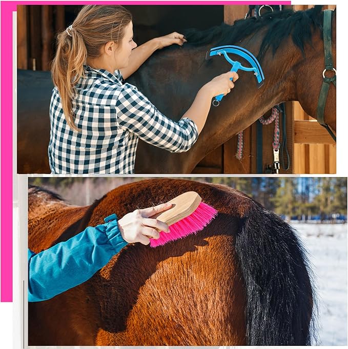 Abbylike 12 Pieces Horse Grooming Kit Racing Festival Tack Room Supplies Horse Brush Sets Equine Care Cleaning Kit Shedding Grooming Massaging Tools(Rose Red)-PawvioPets