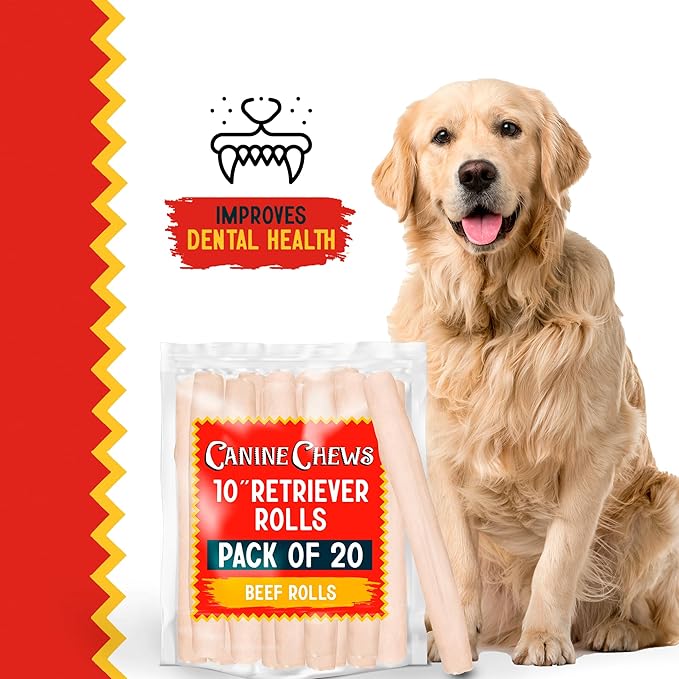 Canine Chews 10" Dog Rawhide Retriever Rolls - Bones for Large Dogs (20 Pack) - 100% USA-Sourced Natural Beef - Single Ingredient - Healthy Dental Chew-PawvioPets