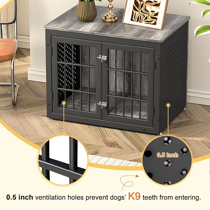 32" Heavy Duty Dog Crate Furniture for Small and Medium Dogs, Metal Kennel for High Anxiety Dogs, Chew Proof Pet Cage Indoor, Decorative Dog Kennel End Table-PawvioPets