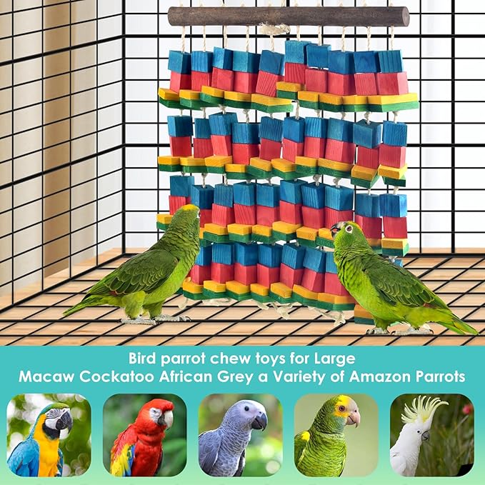 Extra Large Bird Toys, 21.6inch XL Macaw African Grey Parrot Chewing Toys, Natural Wooden Block Knots Tearing Toy Parrot Cage Accessories for Big Birds-PawvioPets