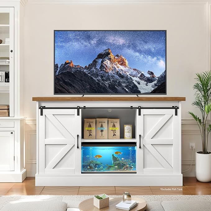 55-75 Gallon Fish Tank Stand with Sliding Barn Doors & Power Outlet, Heavy Duty Aquarium Stand with Cabinet Storage for Fish Tank, Turtle Tank, Reptile Terrarium, 1000LBS Capacity, White-PawvioPets