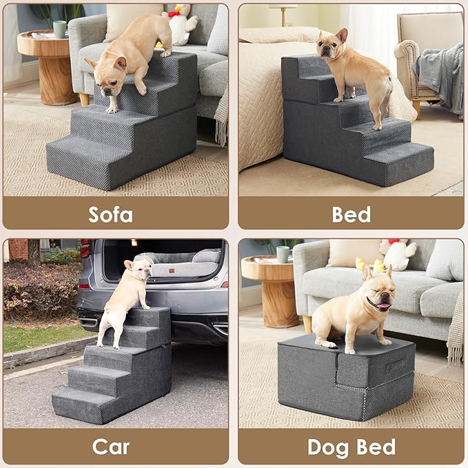 EHEYCIGA Dog Stairs for Small Dogs 13.5" H, 3-Step Dog Steps for Couch Sofa and Chair, Pet Steps for Medium Cats, Non-Slip Balanced Pet Ramp Indoor, Grey-PawvioPets