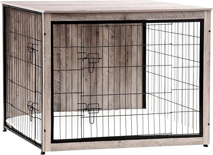DWANTON Dog Crate Furniture with Cushion, Wooden Kennel Table with Double Doors, Indoor Dog House, Extra Large Size, 43.3" L, Greige-PawvioPets