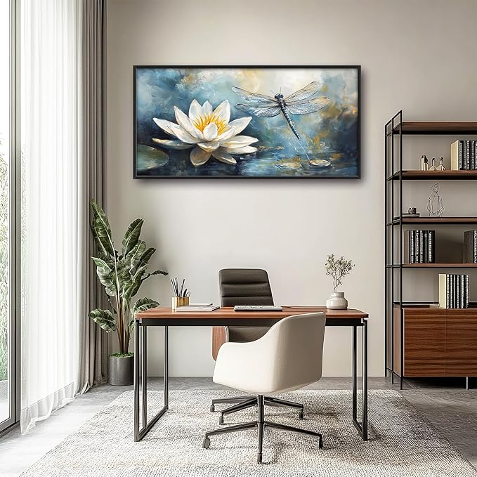 Extra Large Lotus Dragonfly Framed Wall Art for Living Room,Abstract Blue Lotus Flower Lake Pictures Wall Decor,Nature Canvas Print Painting Modern Artwork Bedroom Office Bathroom 60L" x 30W"-PawvioPets