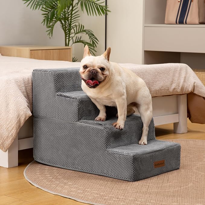 Dog Stairs for Bed 18.5" H, 4-Step Dog Steps for Small Dogs and Cats, Indoor Non-Slip Balanced Pet Stairs are Suitable for Puppy, Older Cat,Gery-PawvioPets