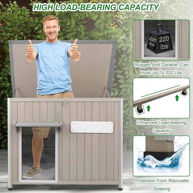 Dog House Outdoor Weatherproof & Wooden Dog Kennel with Chew-Proof Iron Frame，Removable Floor, Adjustable Vent Window, Easy Assembly for Large and Medium Dogs 43.3" D x 29.5" W x 33.5" H-PawvioPets