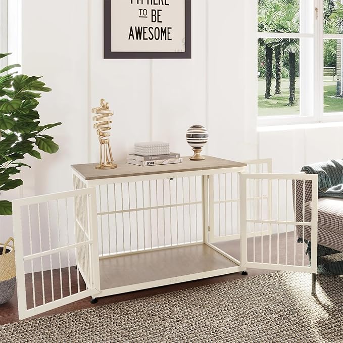 40 Inch Dog Crate Furniture for Large Medium Dogs, Wooden Heavy Duty Dog Kennel with Double Doors, Decorative Pet House Dog Cage Side End Table Indoor, Pet Cage Dog House, Beige-PawvioPets