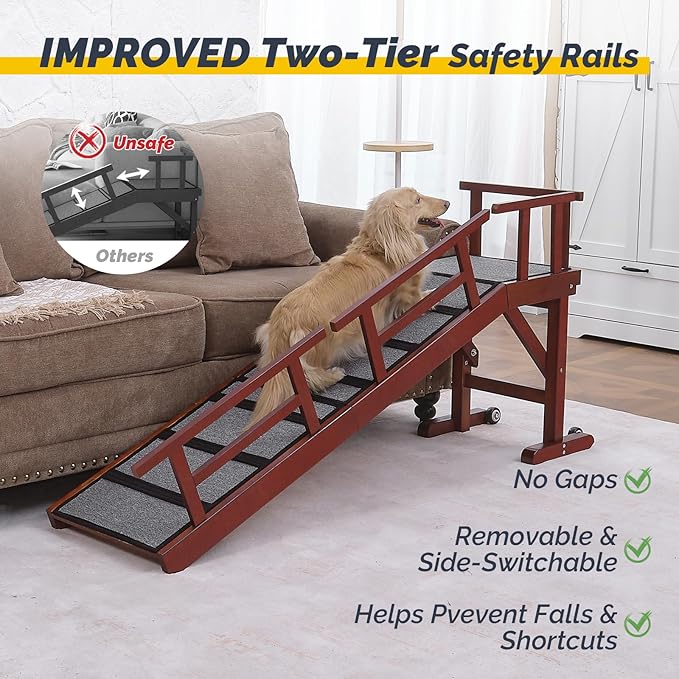 Dog Ramp for Bed or Couch, Wooden Pet Ramp with 20° Gentle Slope, Removable Side Rails, Non-Slip Surface, Top Platform & Wheels, Safe Bed Ramp for Small, Medium & Senior Dogs, 60" Long, Mahogany-PawvioPets
