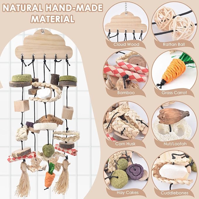Bissap Rabbit Chew Toy, Bunny Cage Hanging Chew Toys and Treats Wooden with Snacks for Guinea Pigs Chinchillas Hamsters Rats and Other Small Pets Teeth Grinding-PawvioPets