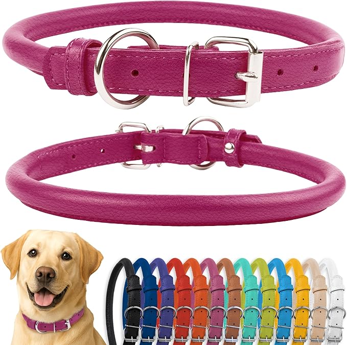 CollarDirect Rolled Leather Dog Collar, Soft Padded Round Puppy Collar, Handmade Genuine Leather Collar Dog Small Large Cat Collars 13 Colors (15-19 Inch, Pink Textured)-PawvioPets