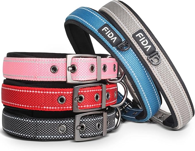 Fida Heavy Duty Dog Collar, Ultra Comfortable Soft Neoprene Padded, Adjustable Reflective Nylon Pet Collar with Durable Metal Belt Buckle for Medium Breeds (M, Blue)-PawvioPets