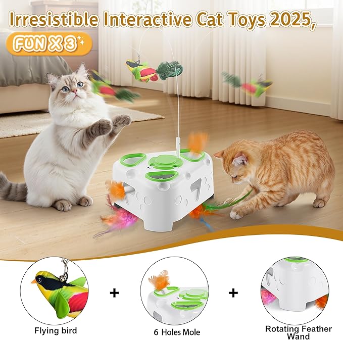 3-in-1 Interactive Cat Toys for Indoor Cats,Automatic Kitten Toy,Flying Bird,6 Holes Mole,Rotating Feather, Rechargeable USB Interactive Cat Feather Toys for Bored Indoor Cats-PawvioPets