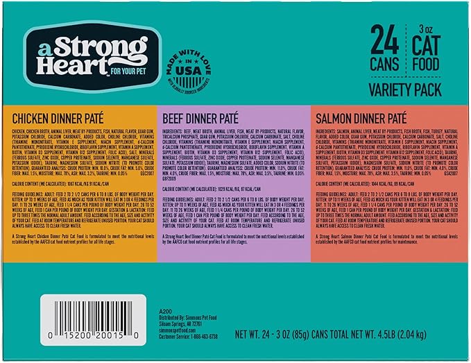 A Strong Heart Canned Wet Cat Food, Chicken, Beef and Salmon Variety Pack - 3 oz Cans (Pack of 24), Made in The USA with Real Chicken, Beef and Salmon-PawvioPets