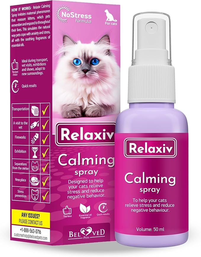 Beloved Pets Calming Pheromone Spray & Scratch Repellent for Cats - Reduces Scratching Furniture, Pee - During Travel, Fireworks, Thunder, Vet Zone - Helps with Stress, Fighting, Hiding (50 ml)-PawvioPets