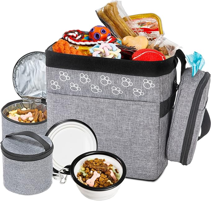 Dog Travel Bag with Treat Pouch, Airline Approved Dog Bags for Traveling, 2 Dog Food Travel Container, 2 Travel Bowls, Weekend Dog Travel Bag for Supplies, Dog Travel Kit Accessories-PawvioPets