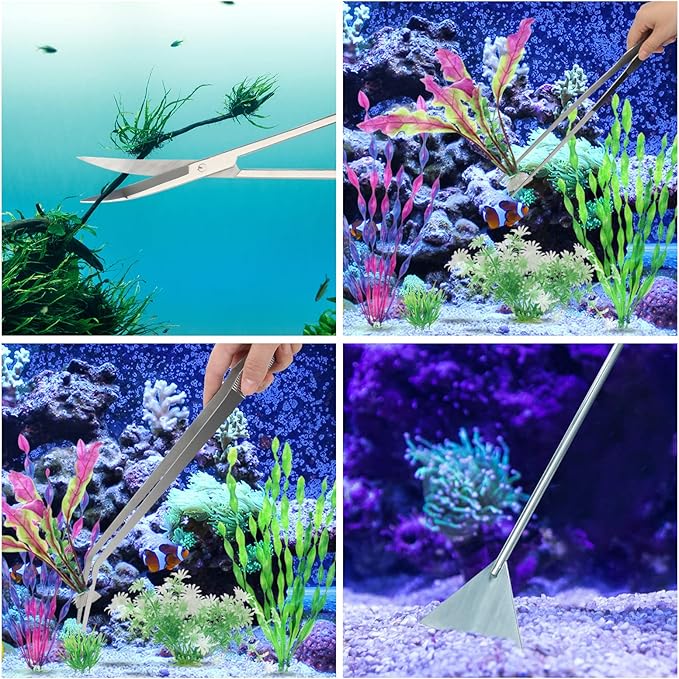 Aquarium Aquascape Tools Kit 15in, 4 in 1 Anti-Rust Aquatic Plant Aquascaping Tool Stainless Steel Tweezers Scissor Spatula for Aquarium Tank Clean Fish Tank Aquascape Accessories Set(Silver)-PawvioPets