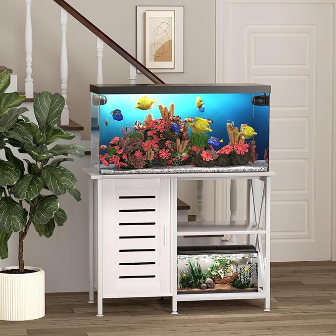 40-50 Gallon Fish Tank Stand, Aquarium Stand with Cabinet Accessories Storage, Heavy Duty Metal Frame, 40.55" L*18.89" W Tabletop, 850LBS Capacity, White PG02YGW-PawvioPets