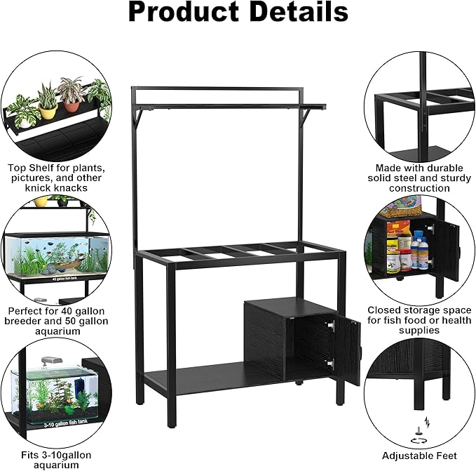 GDLF 40-50 Gallon Fish Tank Stand with Plant Shelf Metal Aquarium Stand with Cubby Storage 36.6" x 18.5" Tabletop fits Aquarium,Turtle Tank,or Reptile Terrariums-PawvioPets