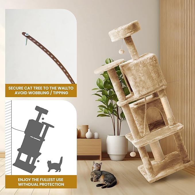 59in Large Cat Tree Tower for Indoor Cats with Soft Plush Hang Ball, Two Condos, Sisal Scratch Posts & Rope Play for Kittens/Adult Cats, New Beige-PawvioPets