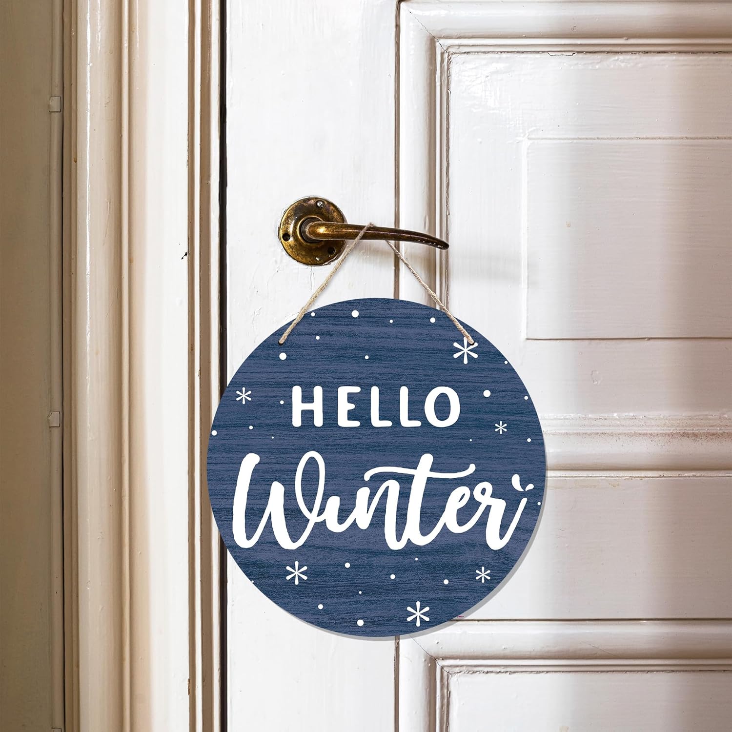 CGBHW Hello Winter Wooden Sign, Navy Blue Holiday Snowflake Hanging Sign Wall Decor for Room Home, Winter Wonderland Snowy Christmas Door Decor 12 x 6 Inch