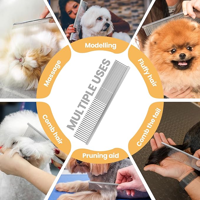7.5 Inch Professional Stainless Steel Pet Grooming Comb for Dogs & Cats, Wide & Dense Teeth for Removing Tangles, Knots,Undercoat,Flea,Excess Hair, Rounded Corners Design for Safe,Metal Dematting Tool-PawvioPets