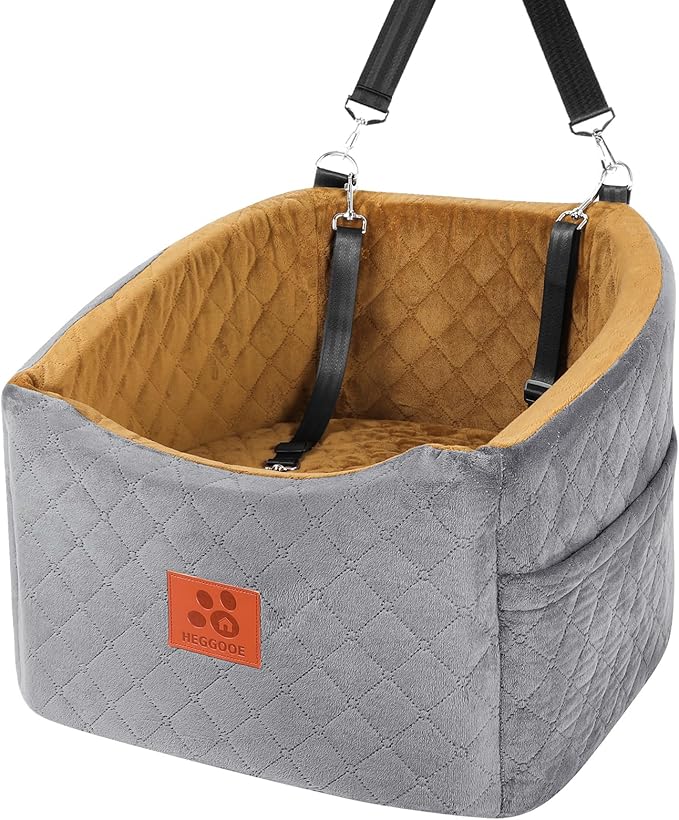 Dog Car Seat for Small Medium Dogs, Memory Foam Booster Car Seat for Dogs up to 35 lbs, Elevated Pet Car Seat, Travel Safety Bed with Washable Removable Cover and Storage Pockets(Gray/Coffee)-PawvioPets