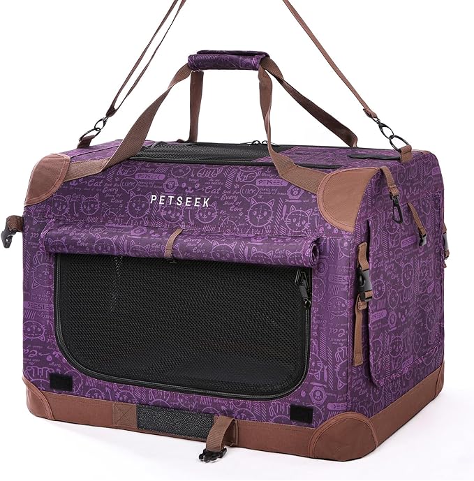 Extra Large Cat Carrier Soft Sided, Portable Small Dog Carrier for 2 Cats, 24"x16.5"x16" Car Travel Folding Comfortable Design, Purple-PawvioPets