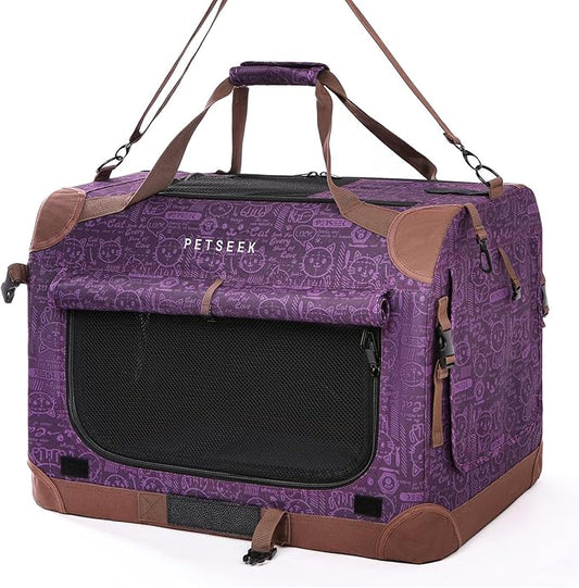 Extra Large Cat Carrier Soft Sided, Portable Small Dog Carrier for 2 Cats, 24"x16.5"x16" Car Travel Folding Comfortable Design, Purple-PawvioPets
