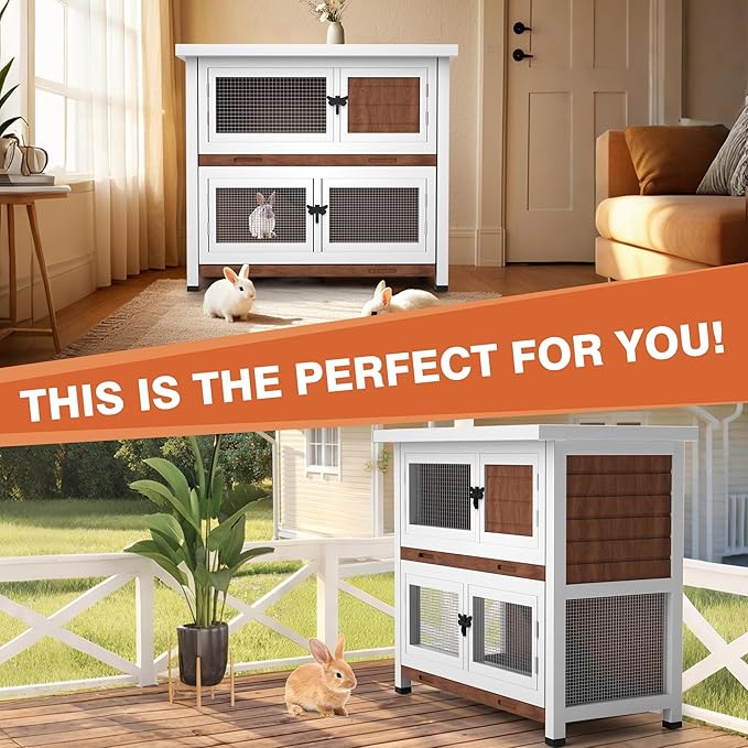 2 Story Rabbit Hutch, Indoor Outdoor Bunny Hutch Solid Wood Rabbit Cage with Removable Trays, Waterproof Asphalt Roofs and Ventilation Door, Small Animal House for Rabbit Guinea Pig Ferret, Walnut-PawvioPets
