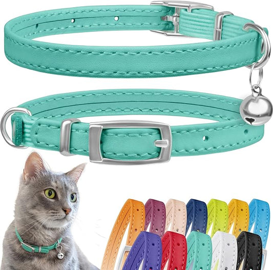 CollarDirect Leather Cat Collar, Cat Safety Collar with Elastic Strap, Kitten Collar for Cat with Bell Black Blue Red Orange Lime Green (Neck Fit 6"-7", Mint Green)-PawvioPets