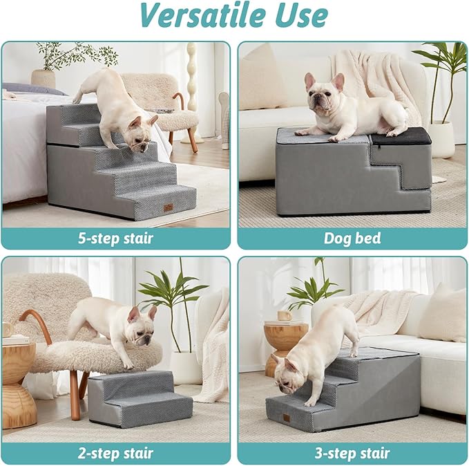 Dog Stairs for Small Dogs, 5 Tier Removable Wider Pet Stairs for Couch and Bed, 23.6" H Non-Slip Dog Steps for Puppies and Old Cats with Support Board, 29.5x19.7x23.6 inch, Grey-PawvioPets