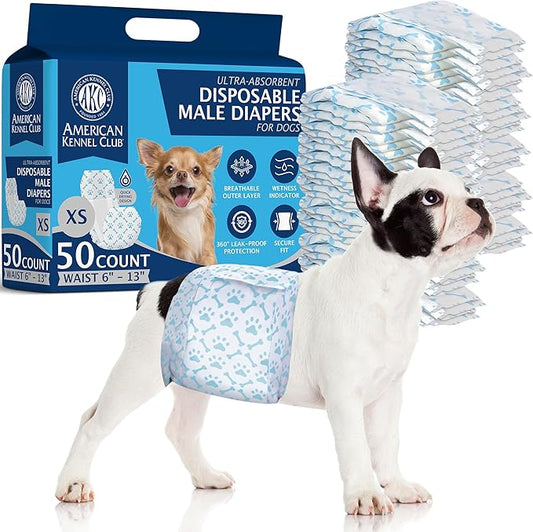 American Kennel Club Male Dog Wrap, Disposable Diapers with Wetness Indicator, X-Small, 50 Count-PawvioPets