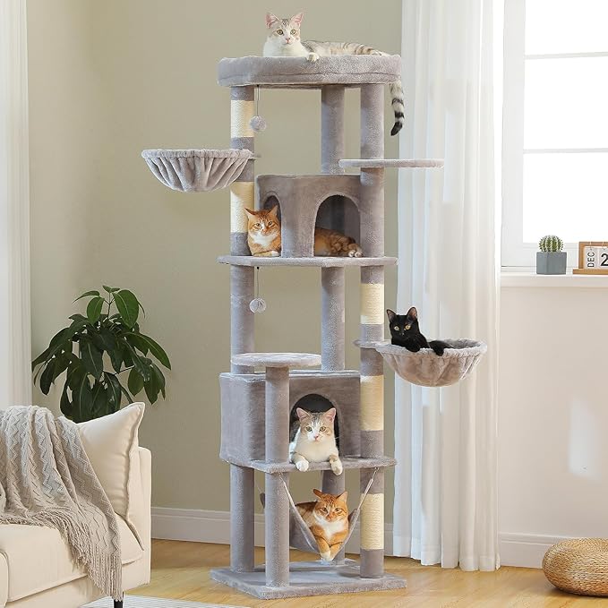 71.2" Tall Cat Tree for Indoor Cats - 9-Level Multi-Cat Tower w/5 Sisal Scratching Posts, 2 Condos, 3 Hammocks, Perch & Pom Poms - Heavy-Duty for Adult Cats, Space-Saving Plush Gray-PawvioPets