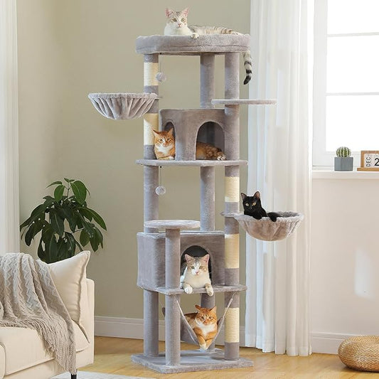 71.2" Tall Cat Tree for Indoor Cats - 9-Level Multi-Cat Tower w/5 Sisal Scratching Posts, 2 Condos, 3 Hammocks, Perch & Pom Poms - Heavy-Duty for Adult Cats, Space-Saving Plush Gray-PawvioPets