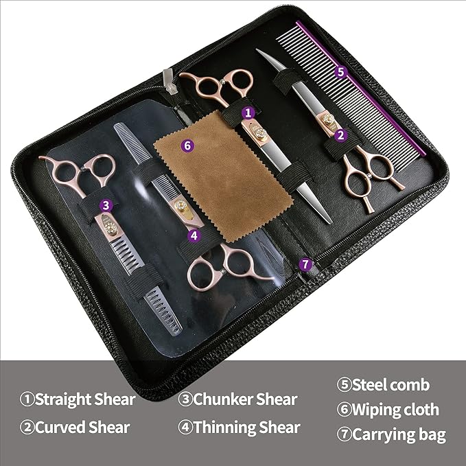 Fenice Peak 8‘’ Professional Dog Grooming Scissors Set Rose Gold 440C Stainless Steel Straight Thinning Curved Chunker Shears 4pcs Set for Pet Grooming Services Dogs and Cats-PawvioPets