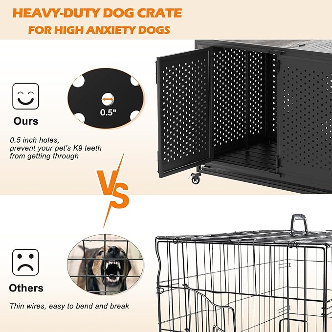 48" Heavy Duty Dog Crate Furniture for Extra Large Dogs, Enclosed Design with 0.5 inch Holes, Indestructible Metal Kennel for High Anxiety Dogs, Chew Proof Pet House Cage Indoor, Gray-PawvioPets