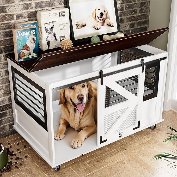 47 inch XL Dog Crate Furniture with Top-Access Teasing/Feeding Doors, Farmhouse Wooden Decorative Dog Crates with Wheels, Chew-Resistant Dog Crates End Table for Medium&Large Dogs, White-PawvioPets