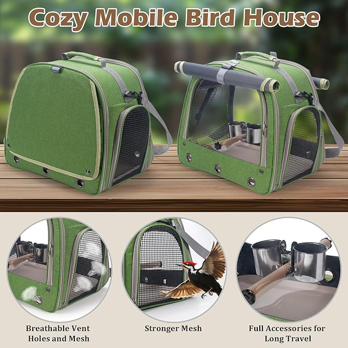 Bird Carrier Parrot Travel Cage with Perch, Food Bowl, Tray and Breathable Clear Window, Bird Travel Bag for African Gray Cockatiel Caique Conure Quaker, for Vetting Camping Hiking (Green)-PawvioPets