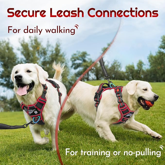 Eagloo Dog Harness for Large Dogs, Easy Wearing with 3 Buckles, Adjustable No Pull Pet Harness with 2 Rings for Walking, No Chock Reflective Soft Padded Vest with Control Handle, Black & Red, XL-PawvioPets