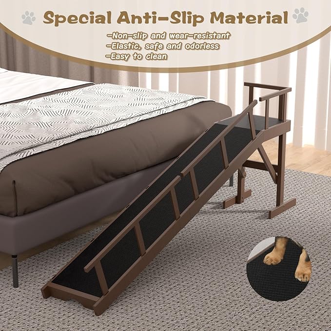 73" Dog Ramp for Bed, Pet Ramp with Removable Side Rail and Non-Slip Surface, Pet Ramp for Small & Large & Senior Dogs with Rest Platform and DIY Glow Strips,Dog Stairs for Couch, Brown-PawvioPets