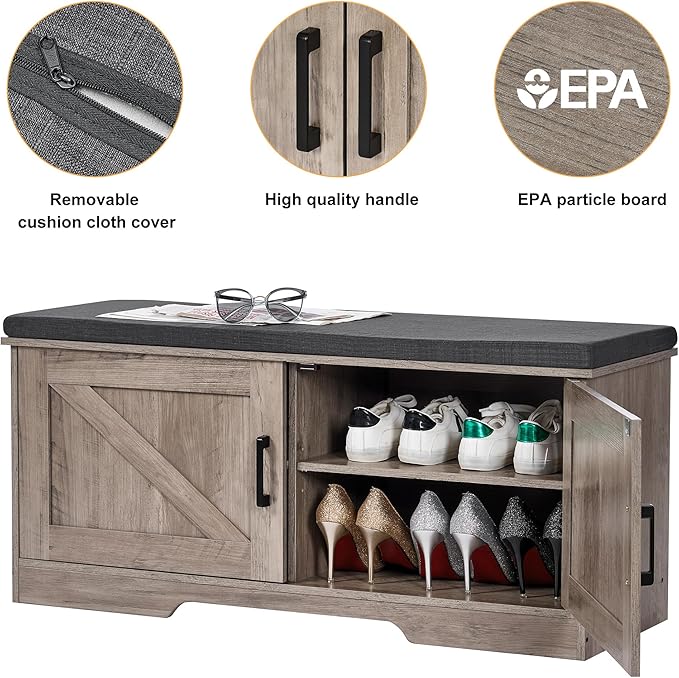 2-Tier Storage Bench, Shoe Bench with Padded Seat Cushion, Entryway Bench with 2 Barn Doors, Adjustable Shelf, 13.8" D x 39.4" W x 17.7" H, for Entryway, Living Room, Bedroom, Greige-PawvioPets