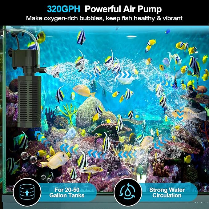 Aquarium Internal Filter for 20-50 Gallons, Ultra-Quiet Fish Tank Filter Biochemical Filtration 320GPH Powerful Pump Submersible Aquarium Filter Tank Clear Air Supply-PawvioPets