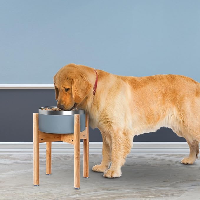Dog Bowl Stand for Large Breed - 14-inch High, Adjustable Sideways to Fit Various Sizes of Pet Food/Water Bowls, Slow Feeders, and Drink Fountains - Bamboo-PawvioPets