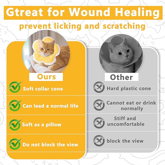 Cat Cone Collar Soft, Waterproof Cats Cones to Stop Licking After Surgery, Adjustable Soft Elizabeth Cats Collars for Wound Healing, Flower Shape Cat Recovery Collar (Yellow, Small)-PawvioPets