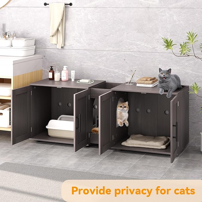 Gaomon Litter Box Enclosure with Double Room,Cat Hidden Litter Box Enclosure Furniture for 2 Cats with Double Room, 55”L x 17.7”W x 22.5”H Cat House,Wooden Enclosed Cat Litter Box Furniture,Walnut-PawvioPets